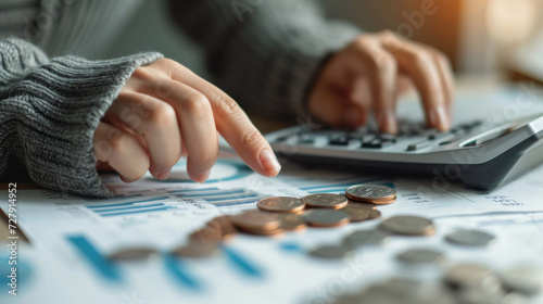 close-up of a hand using a pen to press a button on a calculator with coins and financial documents on a table