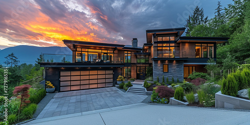 Fraser Valley home built in Vancouver Canada with custom exterior design, glass garage door and cedar shake roofing. Cloudy summer sunset sky background