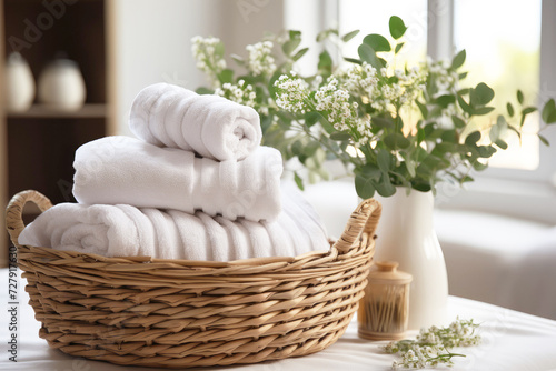Wicker basket with white towels on the table in the bathroom. Spa, hotel, laundry, cleaning service.