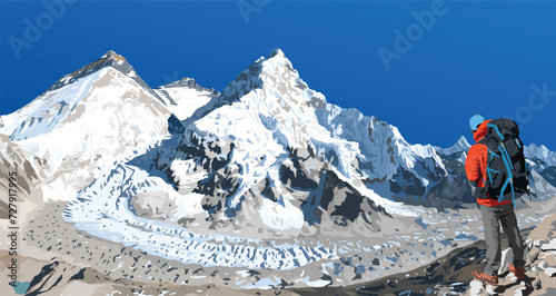 mount Everest Lhotse and Nuptse from Nepal side as seen from Pumori base camp with hiker, vector illustration, Mt Everest 8,848 m, Khumbu valley, Sagarmatha national park, Nepal Himalaya mountain