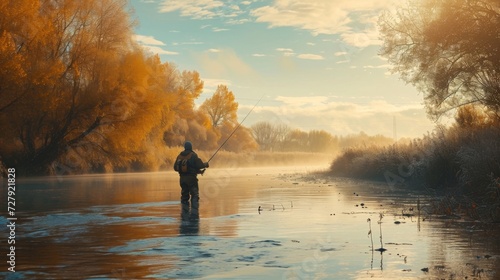 Fly fisherman fishing for Atlantic Salmon on the Margaree River in the fall.