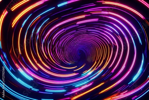 Hypnotic spirals of light bending through a futuristic world