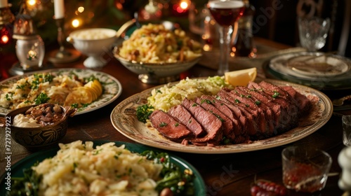 A traditional Irish meal with corned beef and cabbage, served on a festively decorated table.