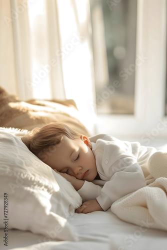 cute little baby sleeping on a pillow, warm soft bed. Daylight, morning, cozy, evening. Toddler, kid