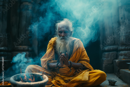 spiritual Indian old man celebrates religious ritual