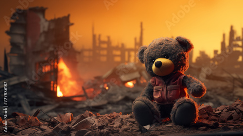 Teddy bear in the aftermath of a warzone
