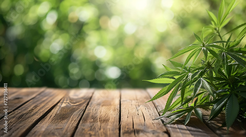 Hintergrund für Cannabisprodukte mit Holztisch im Vordergrund