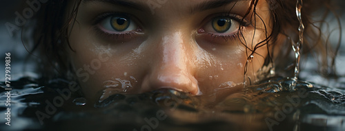 A closeup photo, direct and sharp eyesight look of a female with wet hair and raising out from water