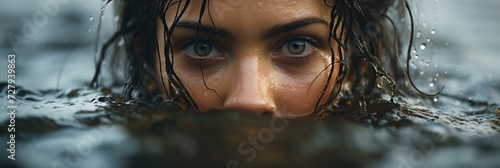 A closeup photo, direct and sharp eyesight look of a female with wet hair and raising out from water