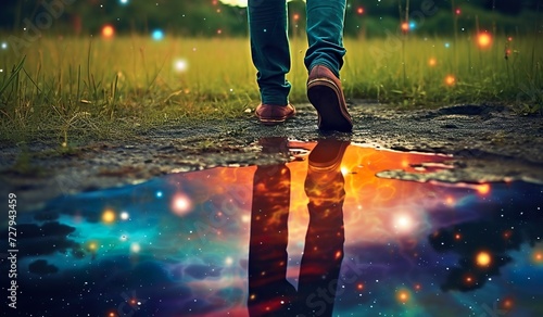 closeup shot of person standing in puddle after rain, reflection of night with stars and sky light, romantic abstract concept