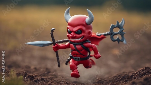 devil in the woods Red dragon devil with trident in cartoon style running on land 
