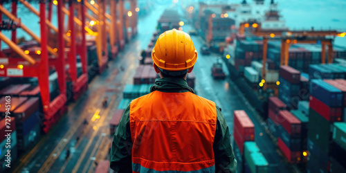 A solitary worker in an orange high-visibility jacket and a yellow hard hat surveys the expanse of a busy shipping container terminal at dusk.