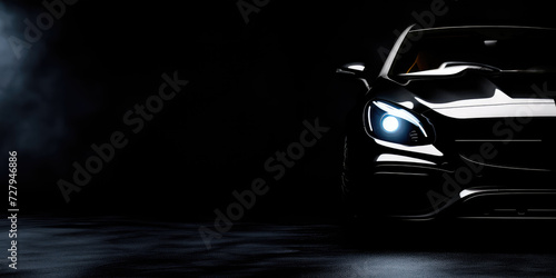 A sleek car is revealed through the shadows, its headlights piercing the darkness with a modern and mysterious allure.