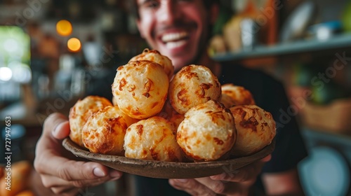 Young man holding a plate with brazilian cheese bread - pao de queijo on hands