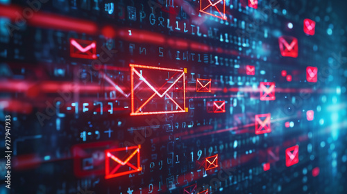 Email inbox filled with spam messages, each marked with a warning icon for potential threats