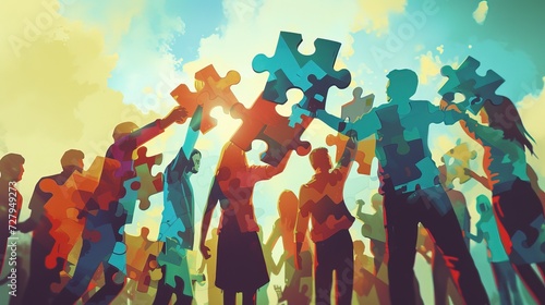 Illustration of a vibrant community raising large puzzle pieces against a sunny sky, representing unity and collaborative success.