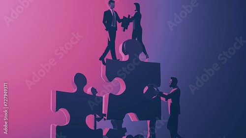 Silhouetted figures collaborate to connect large puzzle pieces, symbolizing teamwork, problem-solving, and strategic partnership in business.