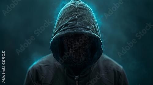 Mysterious figure in hoodie with digital face creating a sense of cyber anonymity
