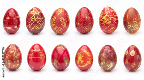 Various red and gold Easter eggs isolated on white background