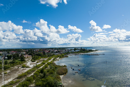 Jastarnia city in Poland. Aerial drone photo view of Baltic Sea coast in Hel peninsula, Jastarnia. Puck Bay in Poland