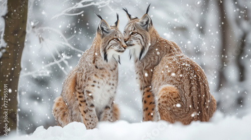 Portrait of Two lynxes together in winter