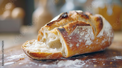 A rustic loaf of bread, broken open to reveal the soft, airy interior and crispy crust.