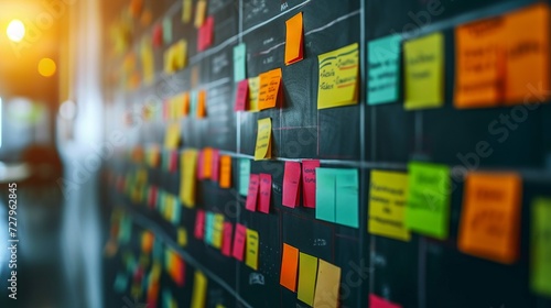Colorful sticky notes on a blackboard for brainstorming and project planning in an office