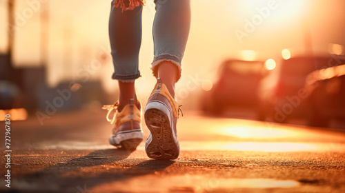 the legs of a young girl walking along the road in the rays of the sun
