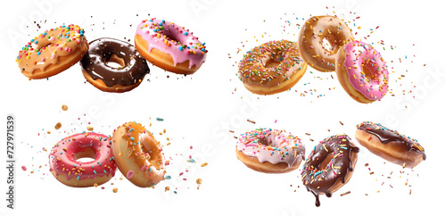 Collection of round donut doughnut, Colourful set, flying falling with sprinkles nuts topping frosting on transparent background cutout, PNG file. Many assorted different. Mockup template for artwork
