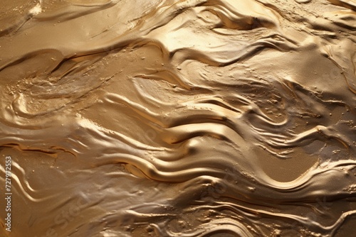 A detailed view capturing the textures and composition of a brown substance up close, Melting metallic paint over sand texture, AI Generated