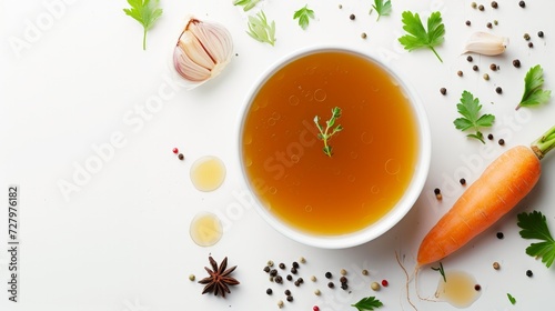 top view of savory chicken broth, stock, or bouillon, richly accompanied by an assortment of vegetables