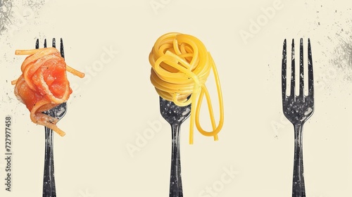 A collection of forks entwined with different types of pasta, artistically arranged in a horizontal layout