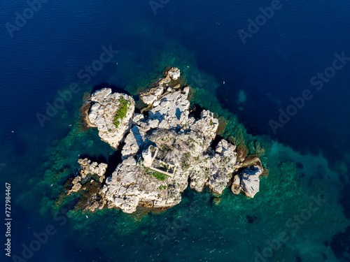 Top down view of Peristeres Kaparelli lighthouse in corfu,Greece