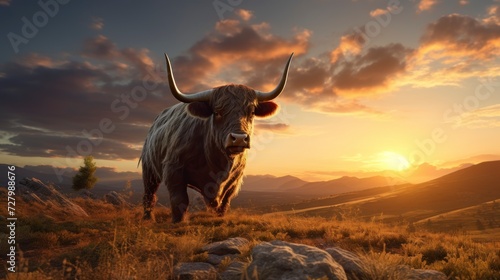 A massive bull stands firmly atop a field covered in grass at sunset