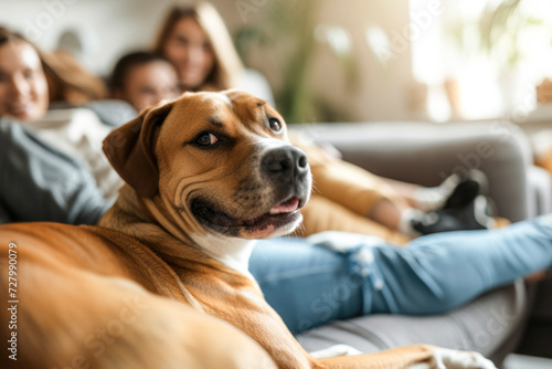 image of a dog in the foreground, behind him his human family sitting on the sofa,
