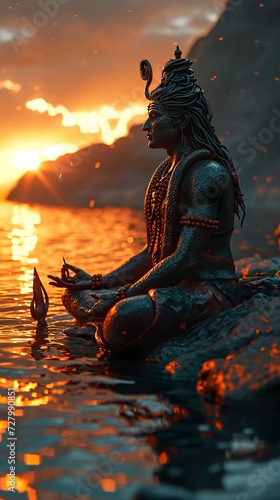 Hindu God meditates in the mountains. Ai generative