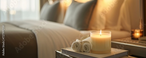  luxury travel-themed candle on a nightstand in a softly lit bedroom, for a marketing campaign or website for high-end hotels or travel agencies promoting relaxing and upscale accommodation experience