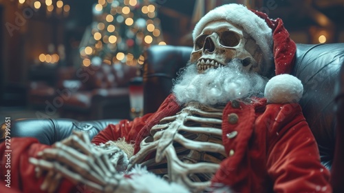 a skeleton sitting in a chair with a santa clause on it's head and a christmas tree in the background.