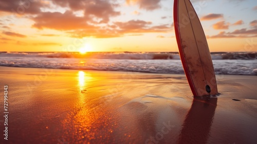 Surfboard on the beach at sunset, shallow depth of field. Surfboards on the beach. Vacation and Travel Concept with Copy Space.