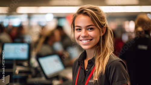 Portrait of a young female cashier at a supermarket