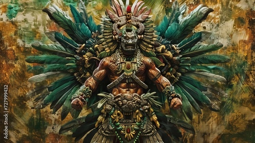 An Aztec deity is depicted in a stylized portrait, showcasing intricate geometric patterns and vibrant details