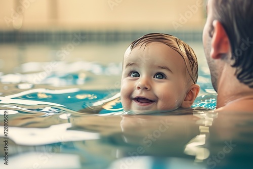 little boy with his father learning to swim in the pool