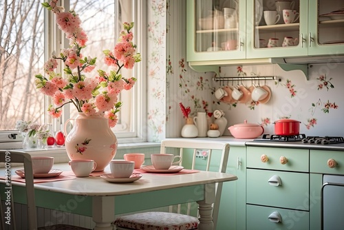 Spring interior of a modern kitchen with bouquets of flowers - spring time, spring mood