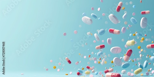 Colorful Pills and Capsules Falling on Blue Background, Healthcare and Pharmaceutical Concept