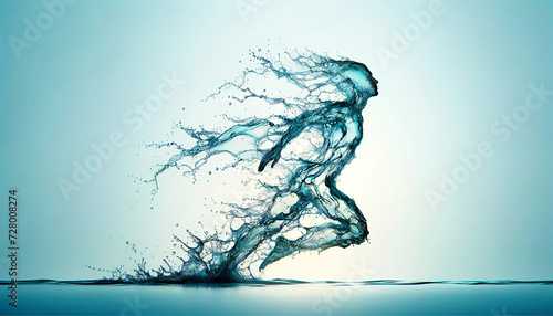 Dynamic water splash forming a human-like figure in motion against a calm blue background, representing movement, fluidity, and the ephemeral nature of life.AI generated.