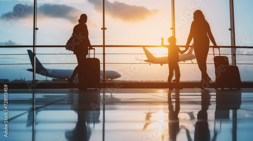 A silhouette of a family with luggage at the airport, child waving at airplanes, during a vibrant sunset.