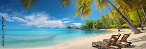 Tropical beach background with sun loungers and palm trees