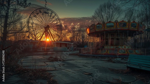 Discover the eerie silence of dusk at an abandoned amusement park in winter