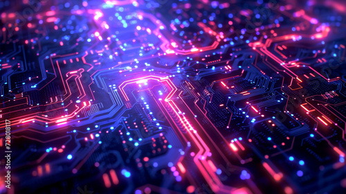 Close-up of a vibrant circuit board with red and blue neon lights, depicting advanced electronics and information technology..