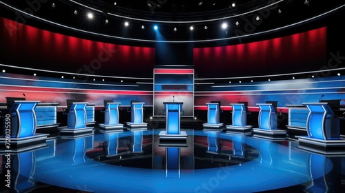 Political talk show studio. Pre-election debate stands in TV studio